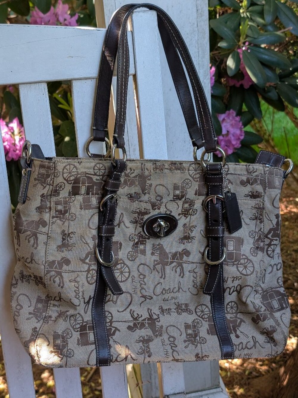 Coach Vintage Chelsea Horse and Carriage Jacquard Fabric Purse Tote Shoulder Bag
